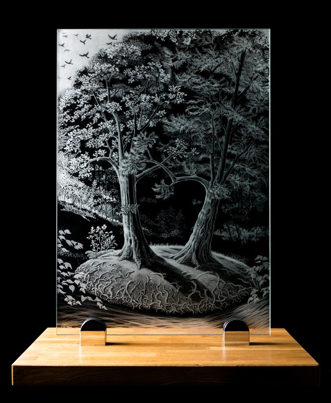 ENGRAVED GLASS WINDOW - on Love and Marriage - on oak display base 